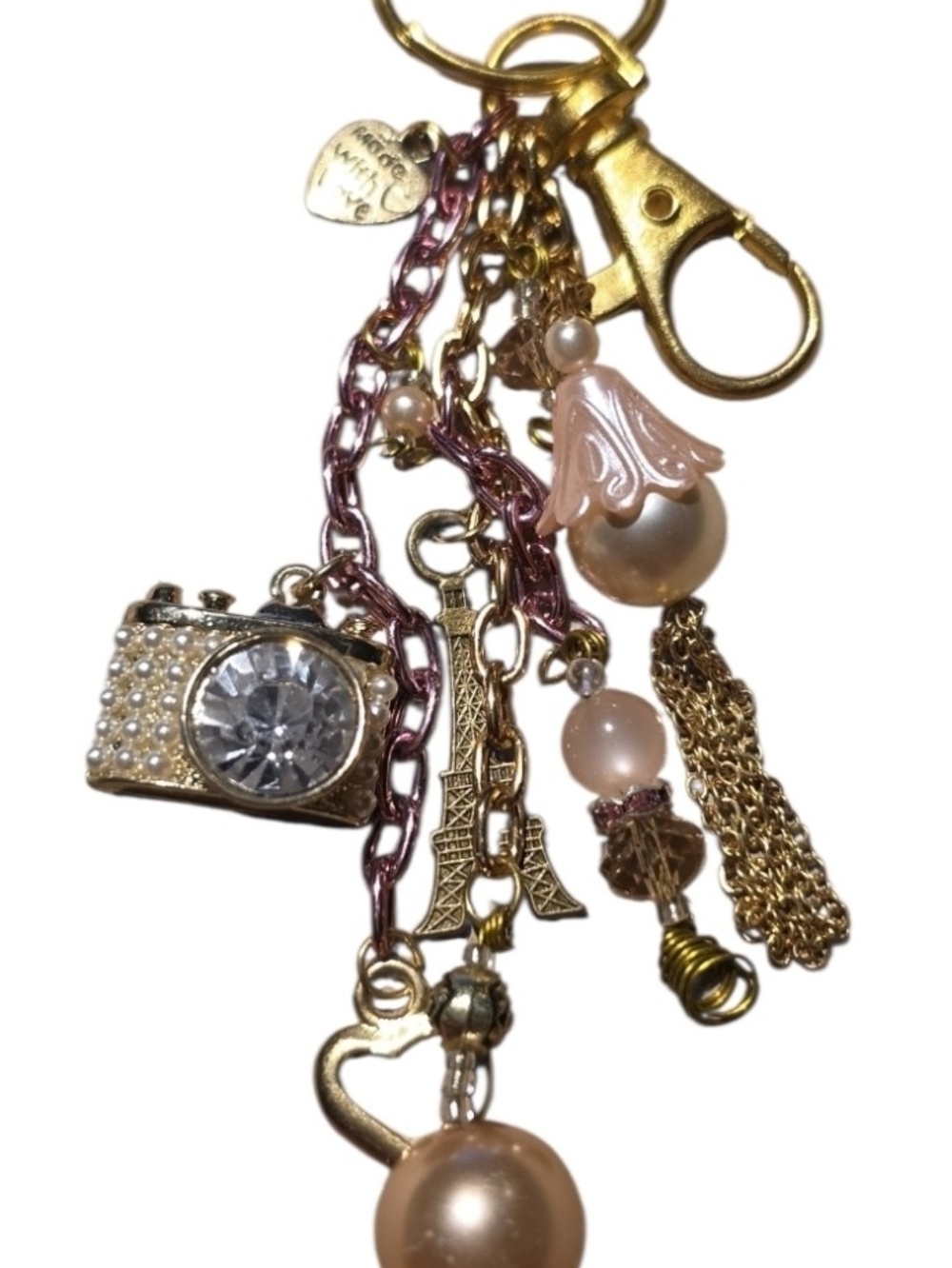 Gold & Pink Pearl Camera Charm Keychain/Purse Charm One Of A Kind Handcrafted - Picture 2 of 11